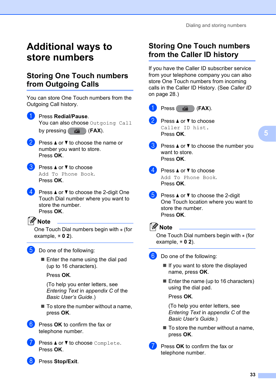 Additional ways to store numbers, Storing one touch numbers from outgoing calls | Brother VERSION 0 MFC-J6510DW User Manual | Page 39 / 89