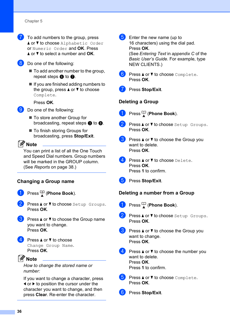 Changing a group name, Deleting a group, Deleting a number from a group | Brother VERSION 0 MFC-J6510DW User Manual | Page 42 / 89