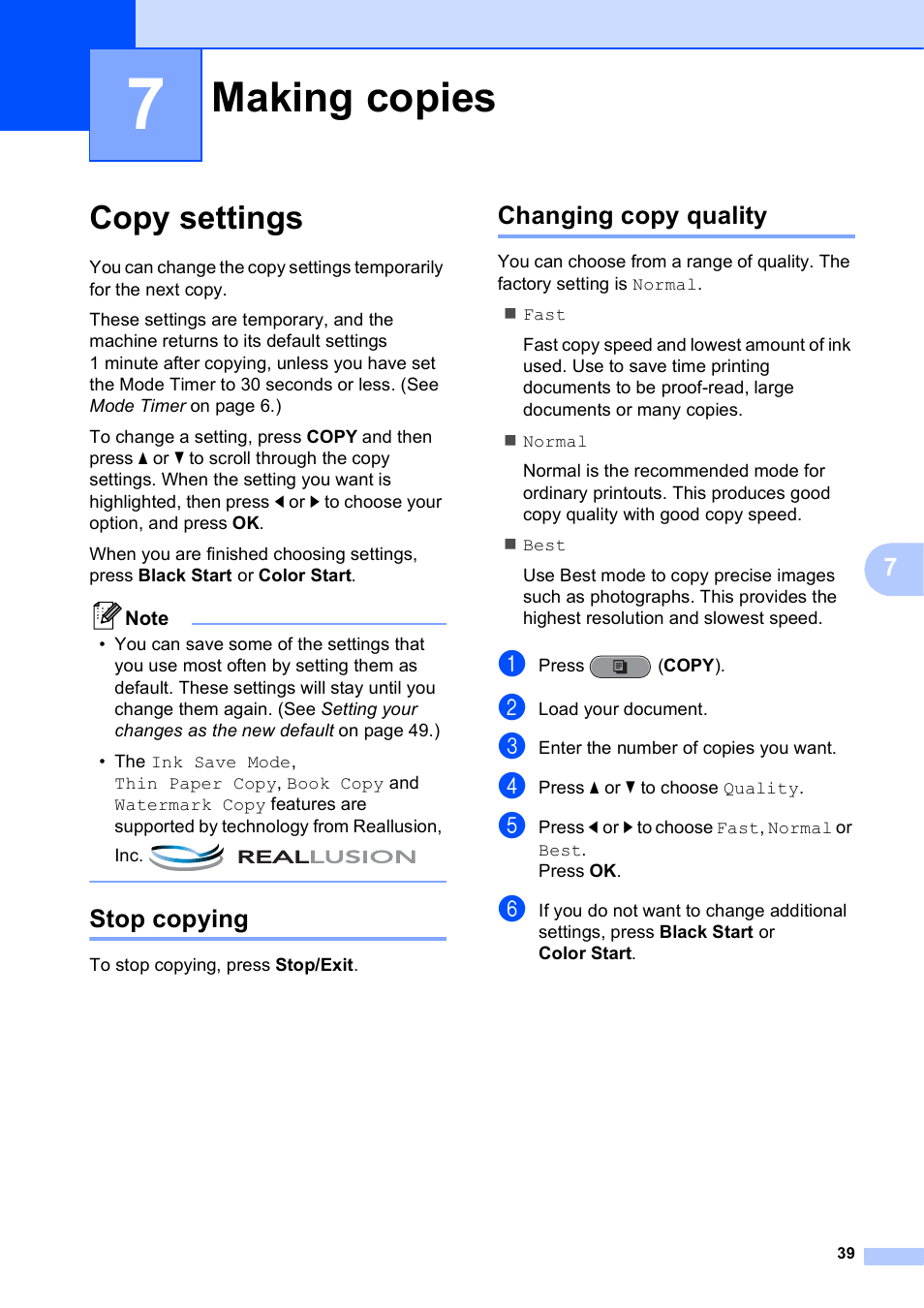 7 making copies, Copy settings, Stop copying | Changing copy quality, Making copies, Stop copying changing copy quality | Brother VERSION 0 MFC-J6510DW User Manual | Page 45 / 89