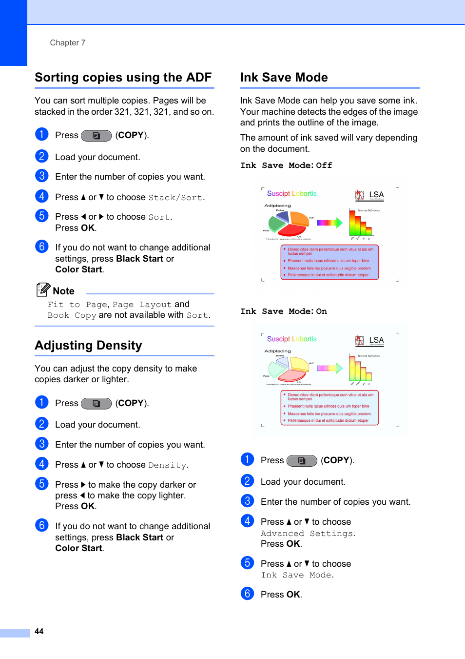 Sorting copies using the adf, Adjusting density, Ink save mode | Brother VERSION 0 MFC-J6510DW User Manual | Page 50 / 89