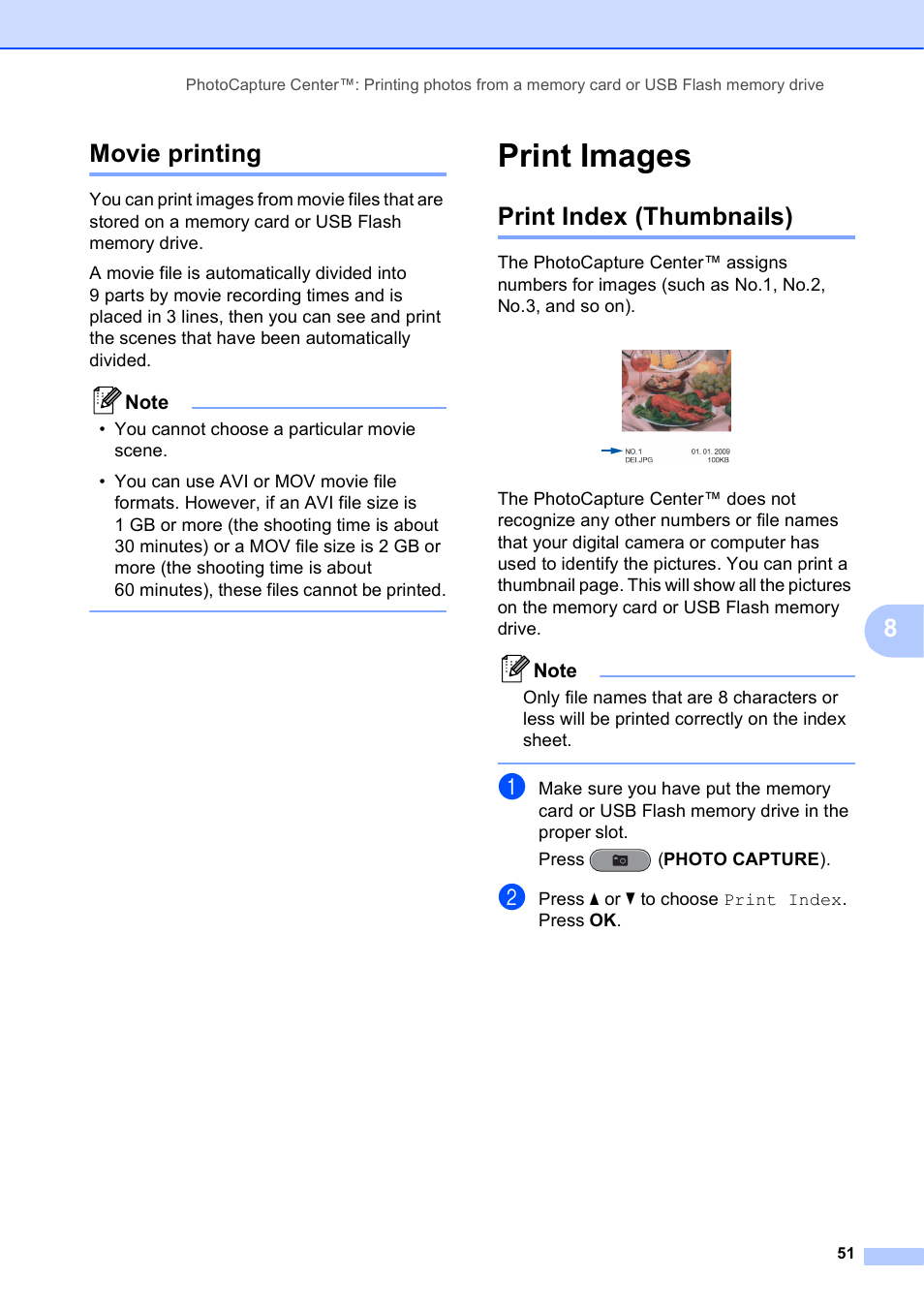 Movie printing, Print images, Print index (thumbnails) | 8movie printing | Brother VERSION 0 MFC-J6510DW User Manual | Page 57 / 89