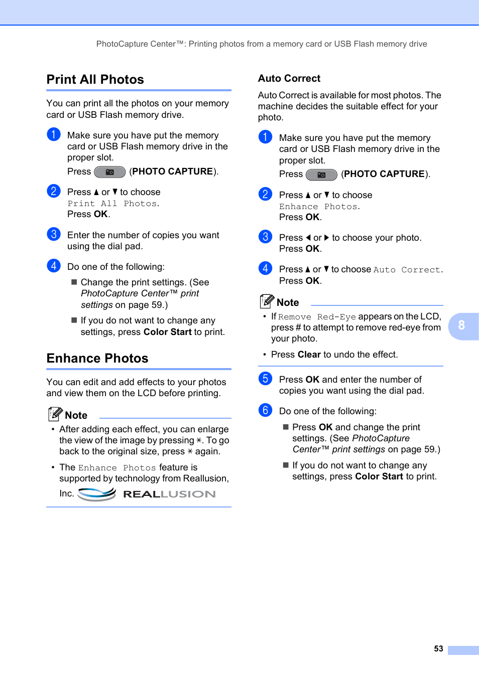 Print all photos, Enhance photos, Auto correct | Print all photos enhance photos, 8print all photos | Brother VERSION 0 MFC-J6510DW User Manual | Page 59 / 89