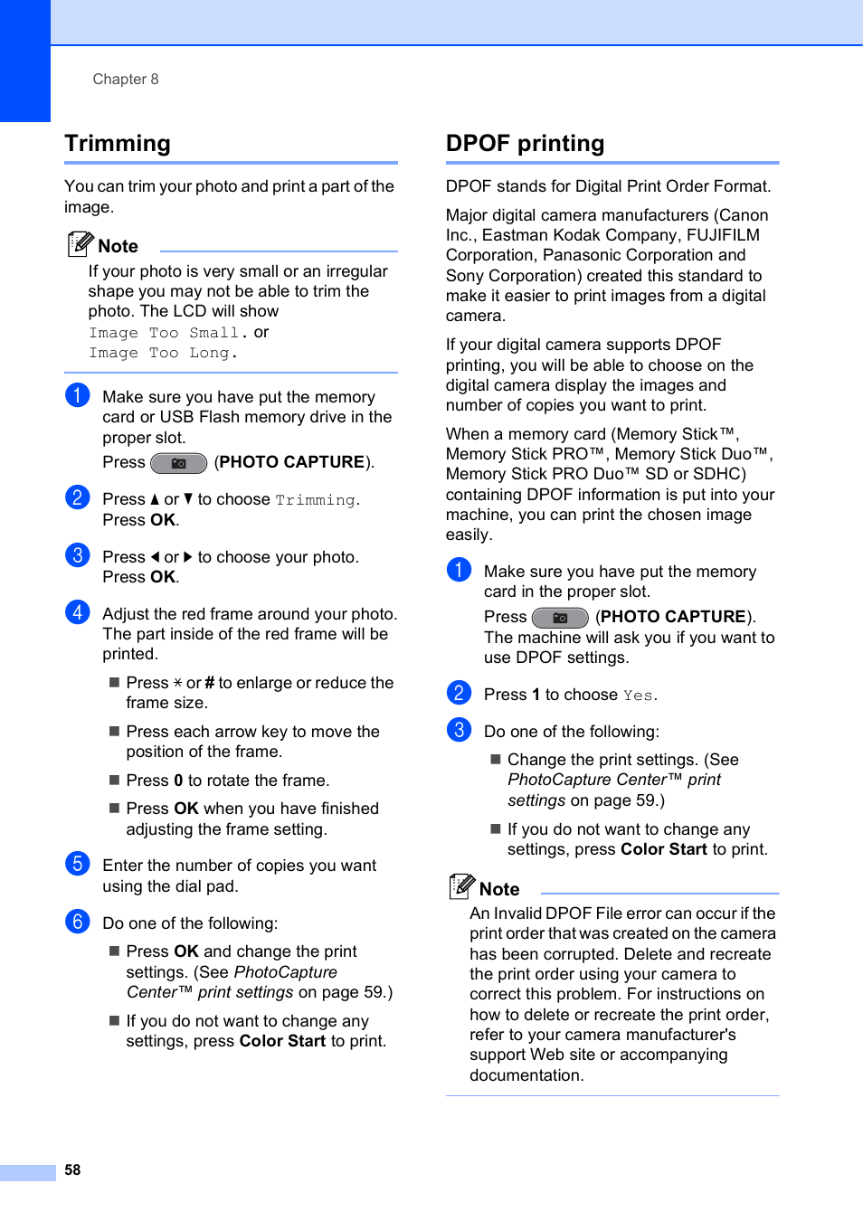 Trimming, Dpof printing, Trimming dpof printing | Brother VERSION 0 MFC-J6510DW User Manual | Page 64 / 89