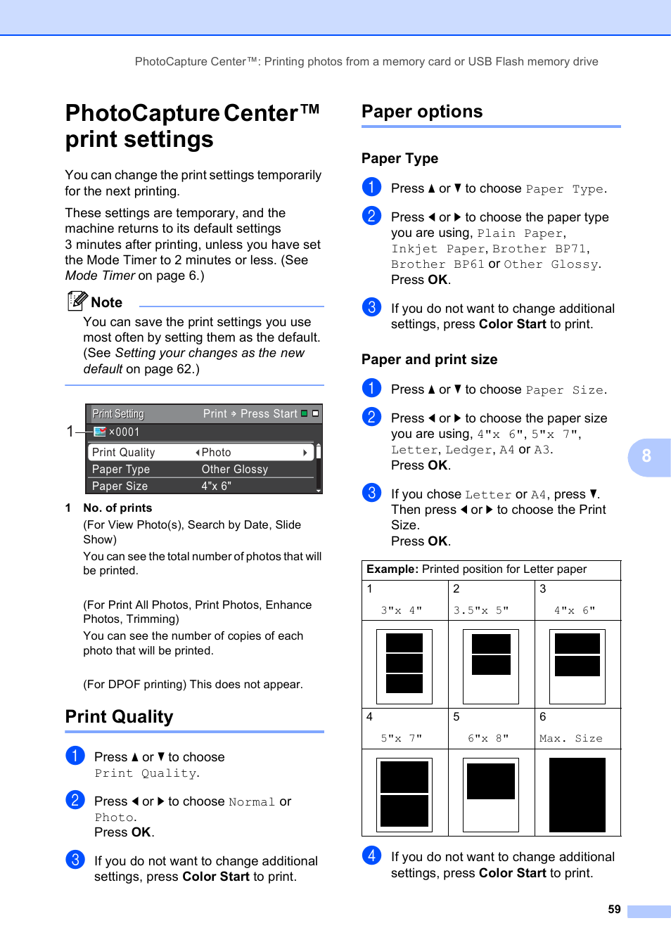 Photocapture center™ print settings, Print quality, Paper options | Paper type, Paper and print size, Print quality paper options | Brother VERSION 0 MFC-J6510DW User Manual | Page 65 / 89