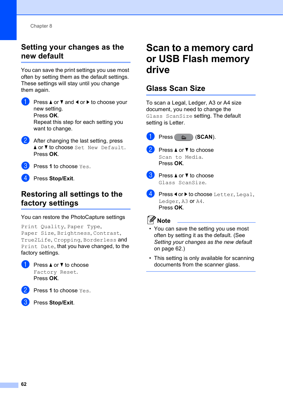 Setting your changes as the new default, Restoring all settings to the factory settings, Scan to a memory card or usb flash memory drive | Glass scan size | Brother VERSION 0 MFC-J6510DW User Manual | Page 68 / 89