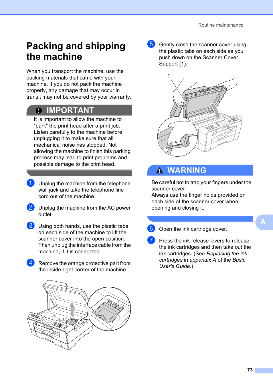 Packing and shipping the machine, Important, Warning | Brother VERSION 0 MFC-J6510DW User Manual | Page 79 / 89