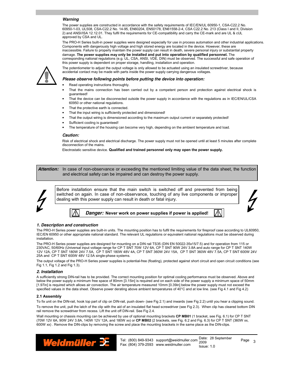 Danger | Weidmuller PRO-H Series Power Supplies User Manual | Page 3 / 13