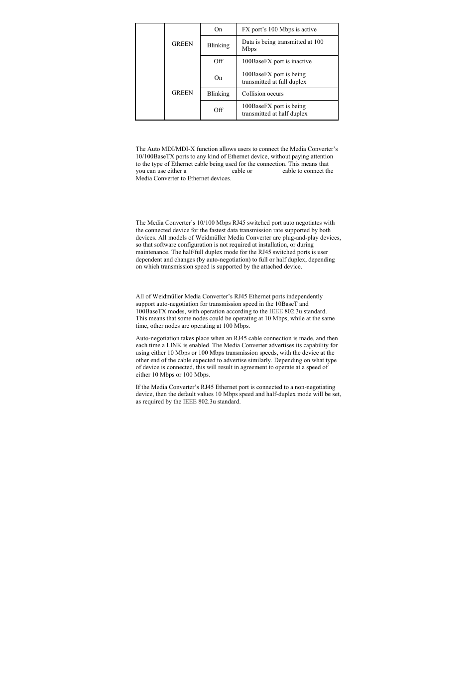 Auto mdi/mdi-x connection, Dual speed functionality and switching, Auto-negotiation and speed sensing | Weidmuller IE-MC-VL Series - Industrial Ethernet Media Converters User Manual | Page 12 / 14
