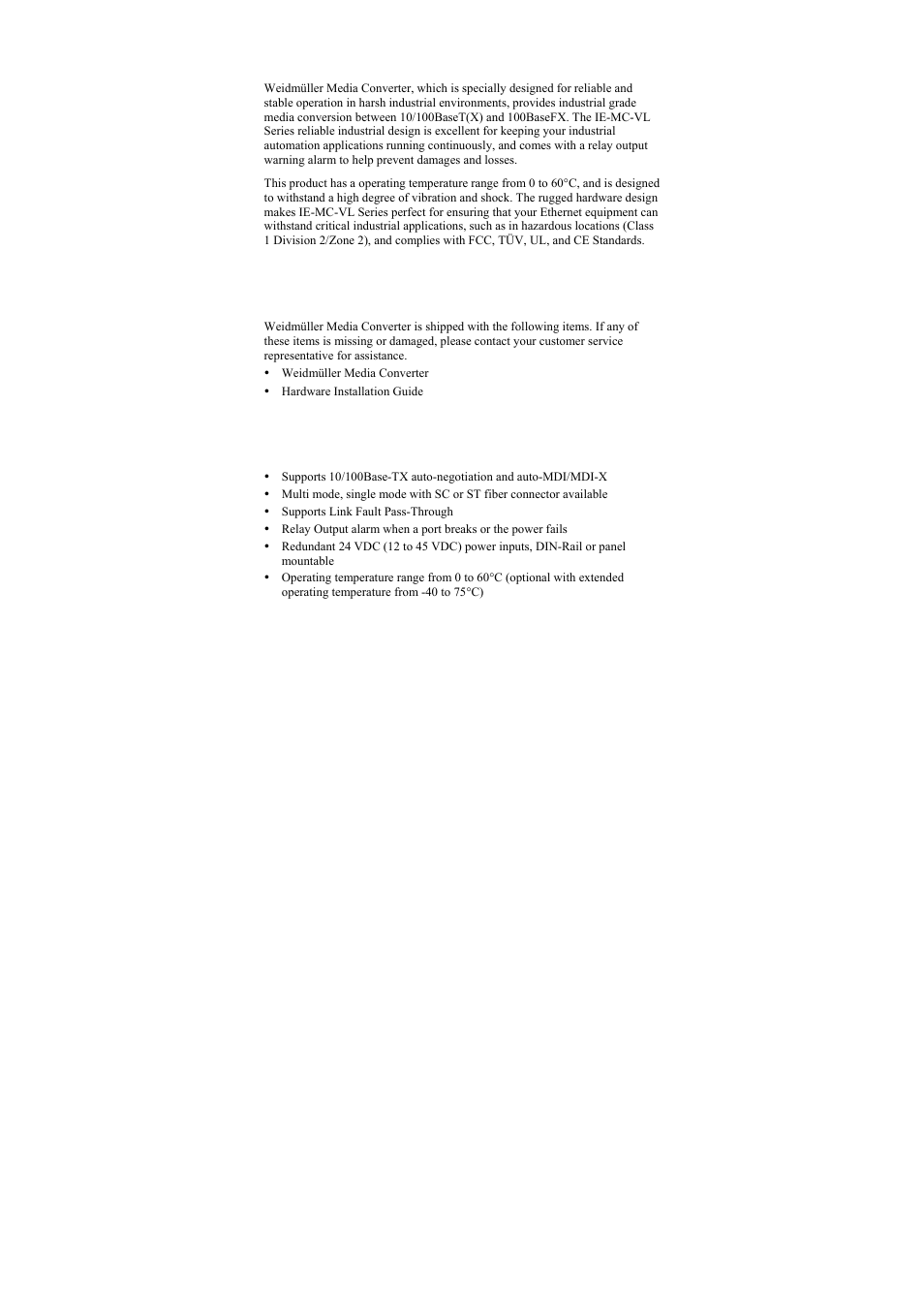 Overview, Package checklist, Features | Weidmuller IE-MC-VL Series - Industrial Ethernet Media Converters User Manual | Page 2 / 14