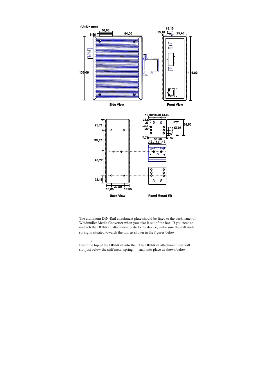 Mounting dimensions, Din-rail mounting | Weidmuller IE-MC-VL Series - Industrial Ethernet Media Converters User Manual | Page 4 / 14
