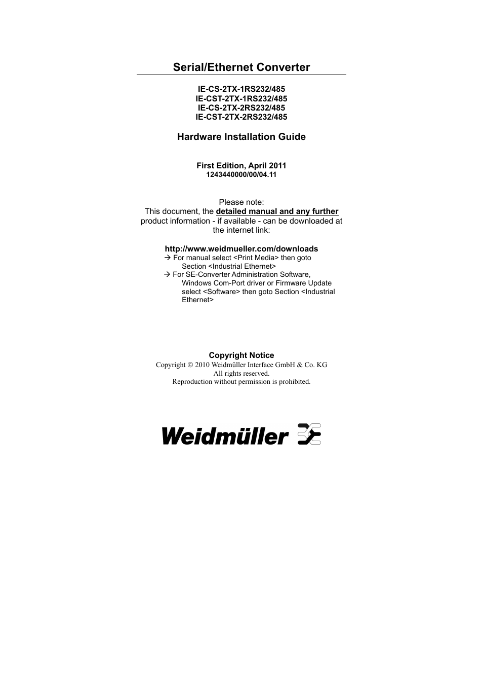 Weidmuller IE-CS(T)-2TX Series - Industrial Ethernet Serial/Ethernet Converter User Manual | 8 pages