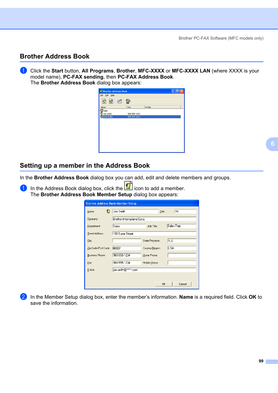 Brother address book, Setting up a member in the address book, 6brother address book | Brother MFC-7340 User Manual | Page 106 / 199