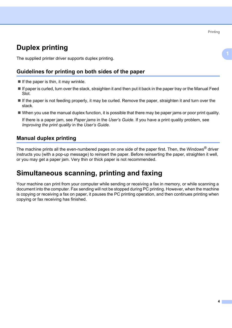 Duplex printing, Guidelines for printing on both sides of the paper, Manual duplex printing | Simultaneous scanning, printing and faxing | Brother MFC-7340 User Manual | Page 11 / 199