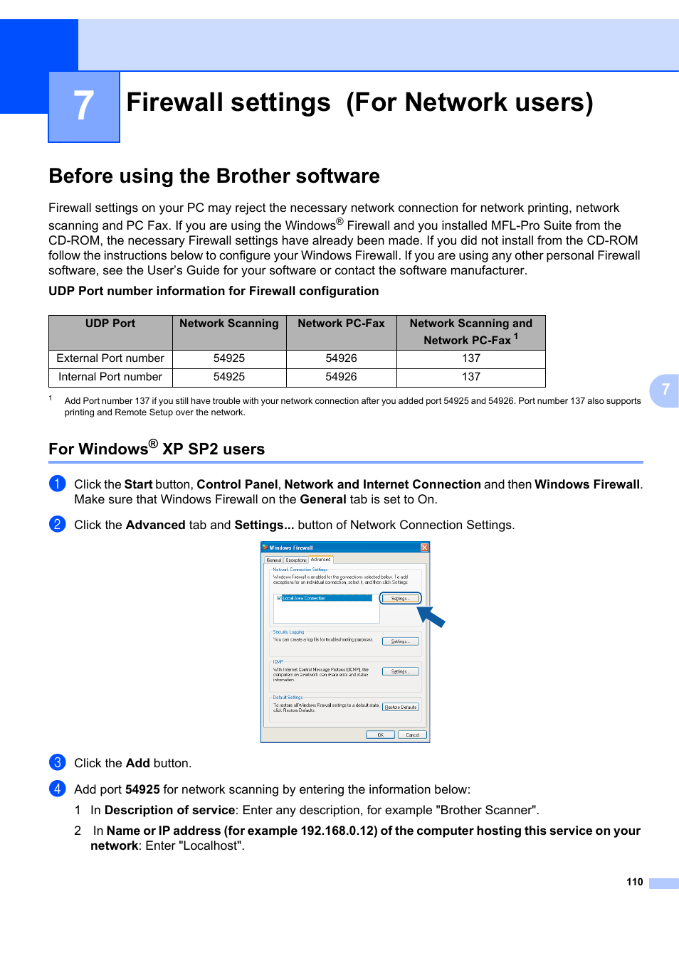 7 firewall settings (for network users), Before using the brother software, For windows® xp sp2 users | Firewall settings (for network users), For windows, Xp sp2 users | Brother MFC-7340 User Manual | Page 117 / 199