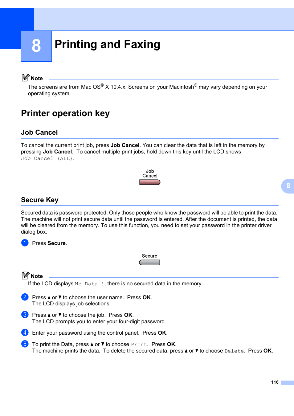 8 printing and faxing, Printer operation key, Job cancel | Secure key, Printing and faxing, Job cancel secure key | Brother MFC-7340 User Manual | Page 123 / 199