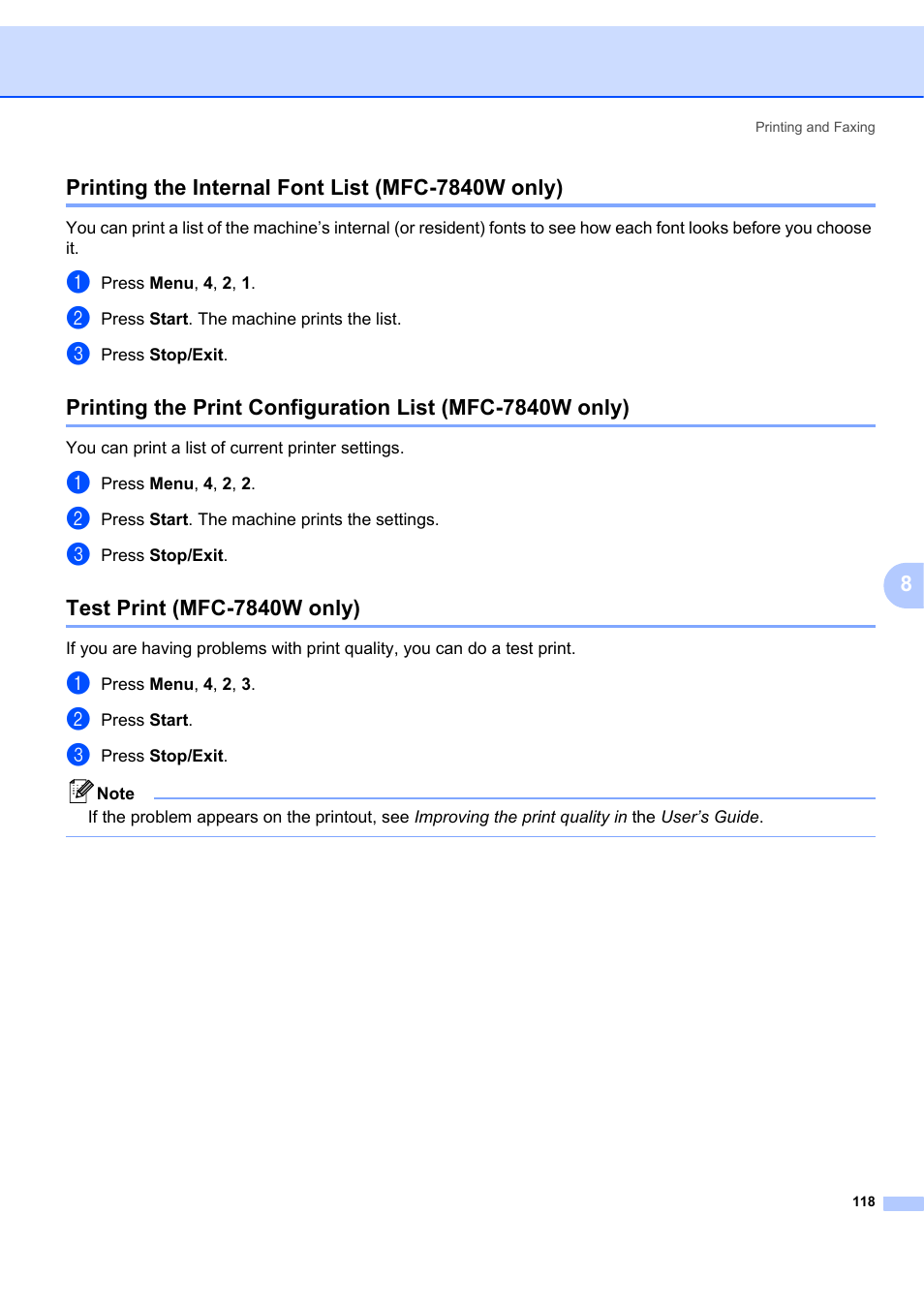 Printing the internal font list (mfc-7840w only), Test print (mfc-7840w only) | Brother MFC-7340 User Manual | Page 125 / 199