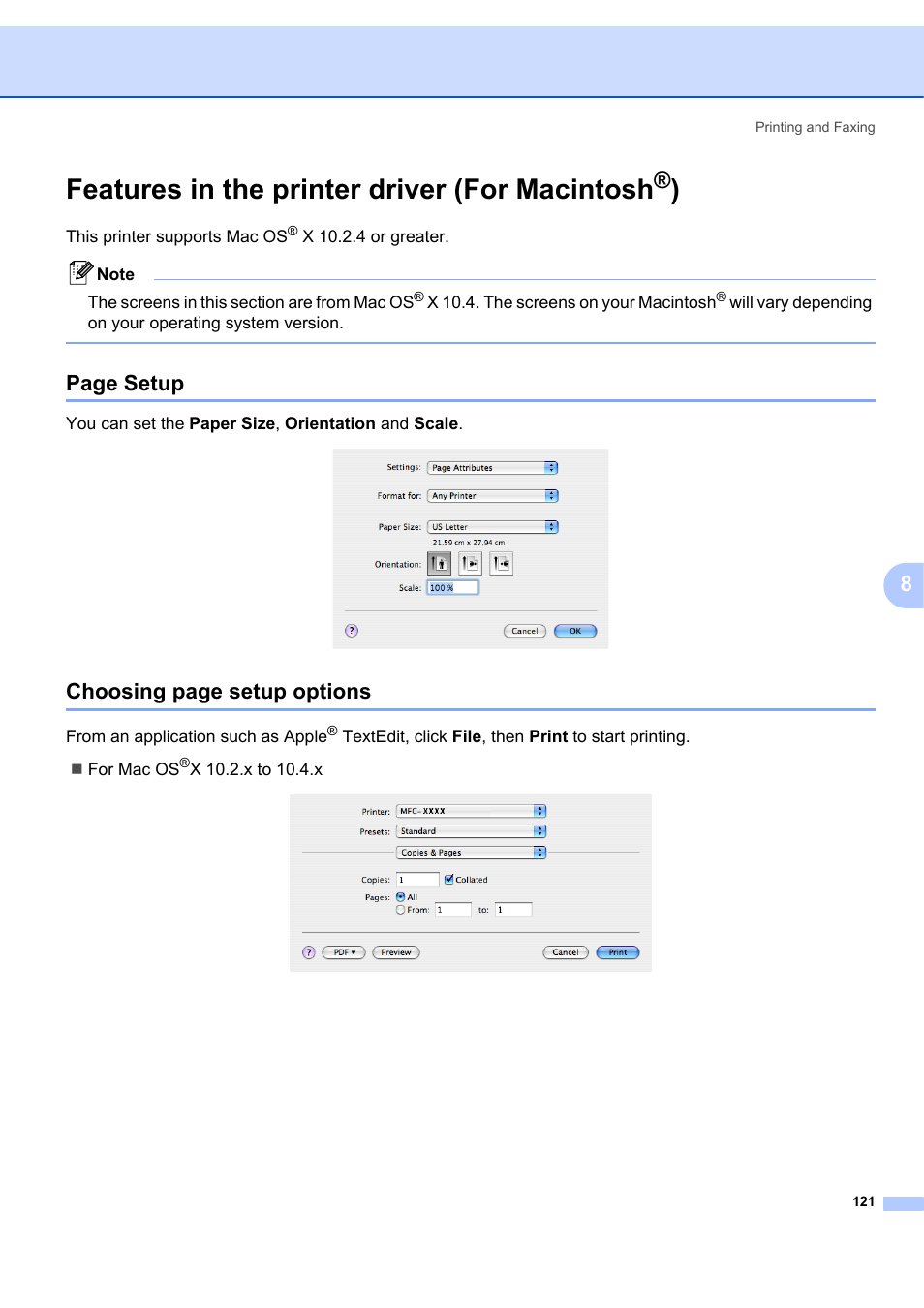 Features in the printer driver (for macintosh®), Features in the printer driver (for macintosh, Page setup | Choosing page setup options | Brother MFC-7340 User Manual | Page 128 / 199