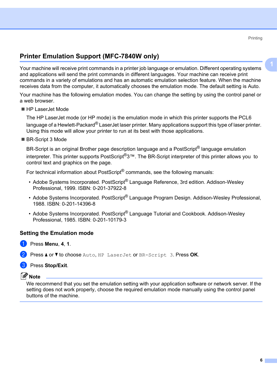 Printer emulation support (mfc-7840w only), Setting the emulation mode | Brother MFC-7340 User Manual | Page 13 / 199