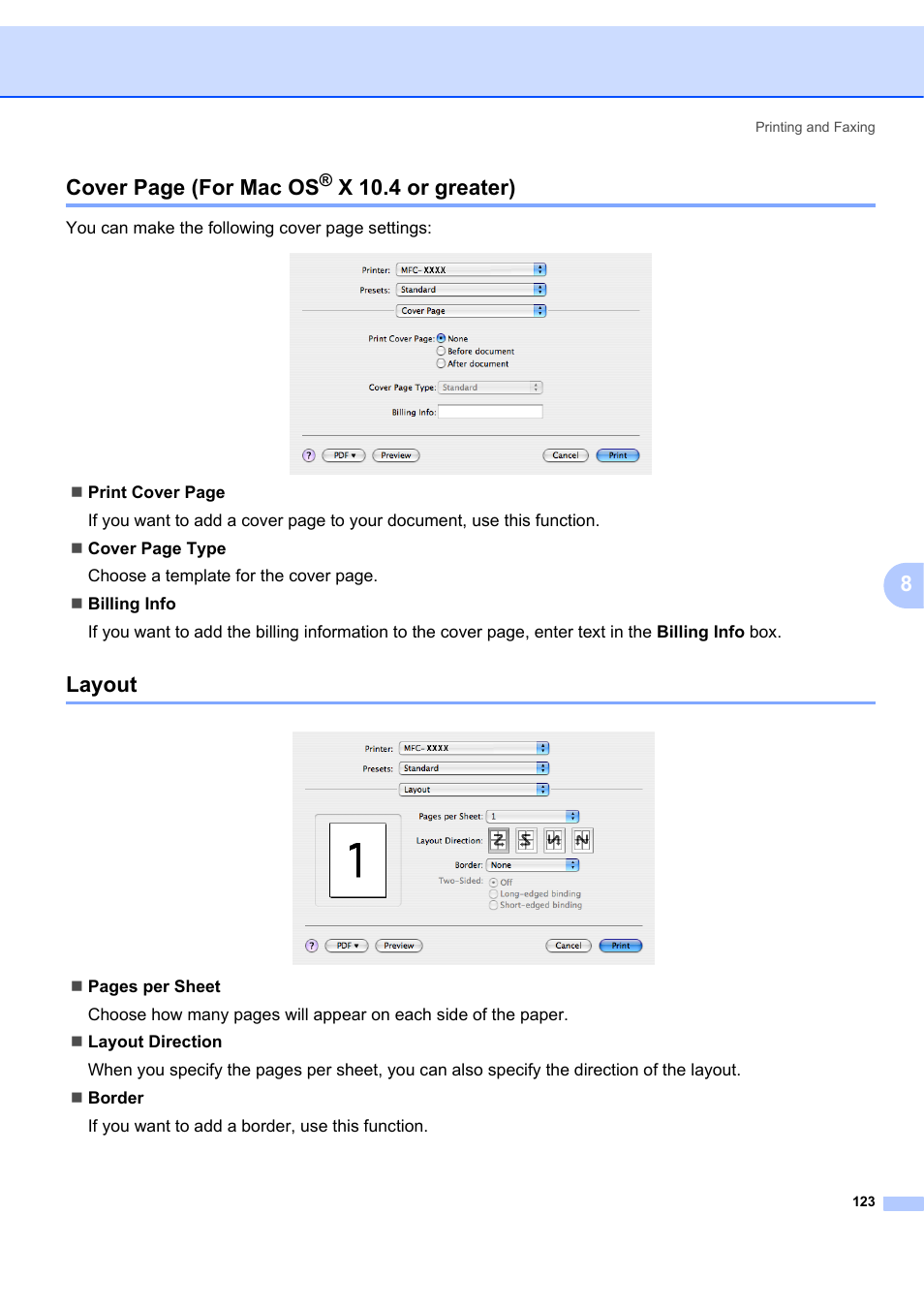 Layout, X 10.4 or greater), 8cover page (for mac os | Brother MFC-7340 User Manual | Page 130 / 199