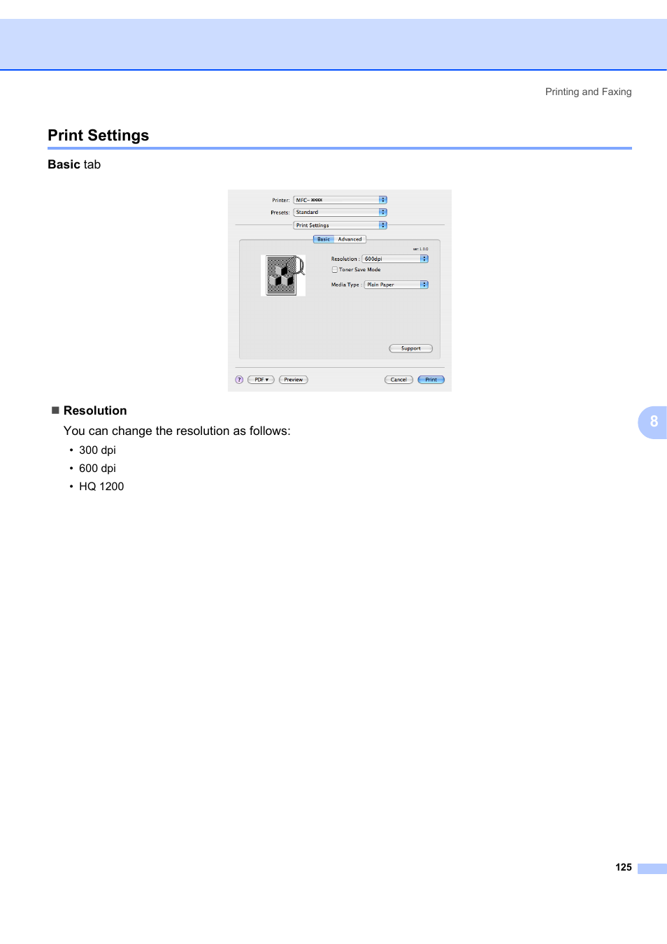 Print settings, 8print settings | Brother MFC-7340 User Manual | Page 132 / 199