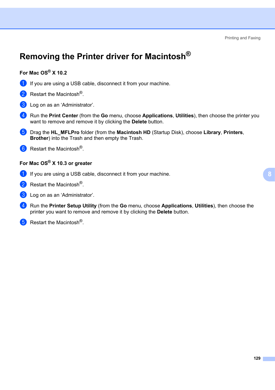 Removing the printer driver for macintosh | Brother MFC-7340 User Manual | Page 136 / 199