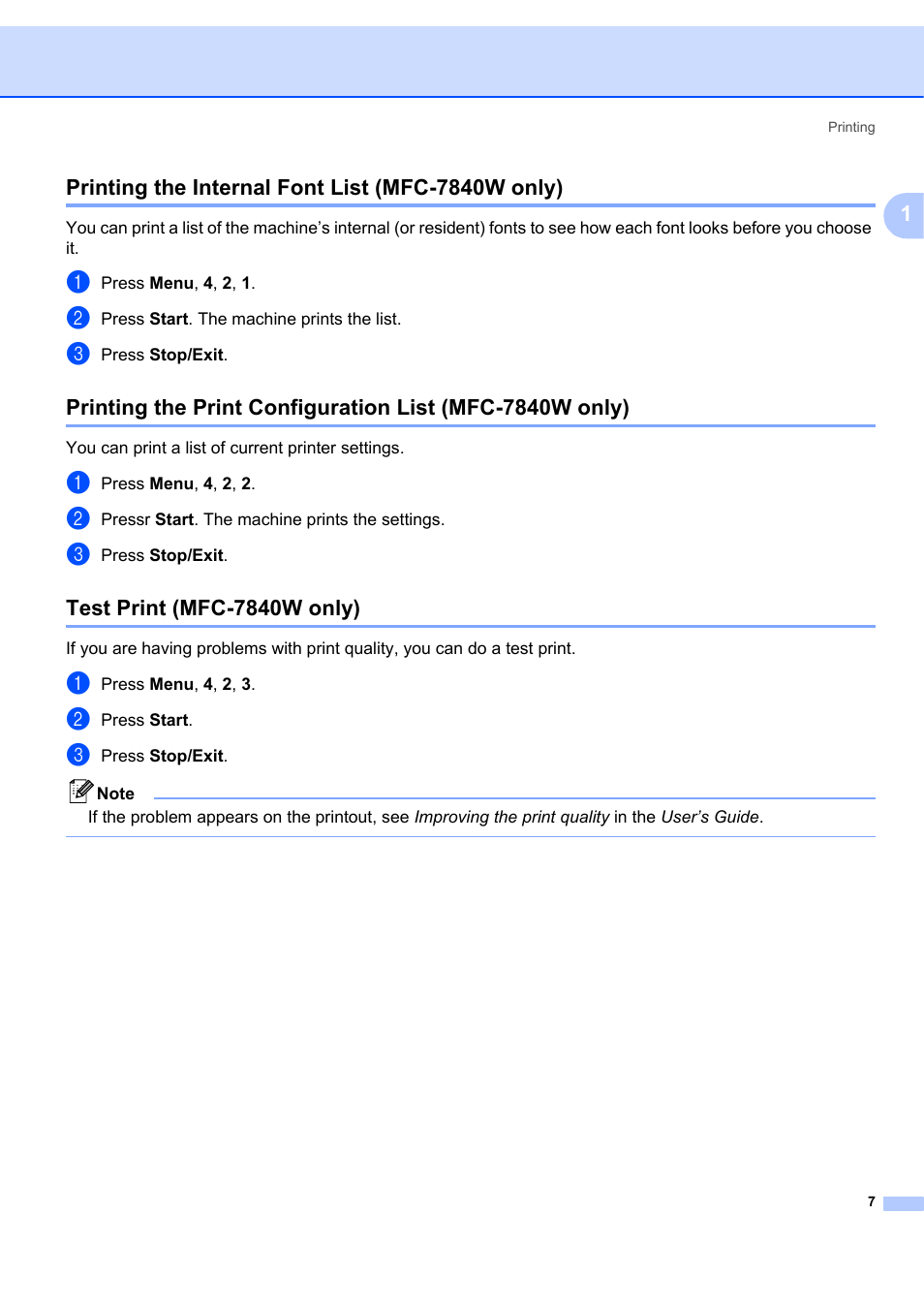 Printing the internal font list (mfc-7840w only), Test print (mfc-7840w only) | Brother MFC-7340 User Manual | Page 14 / 199