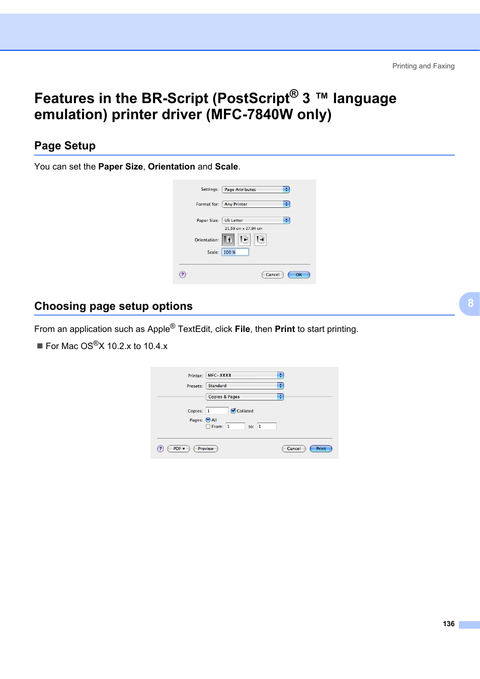 Features in the br-script (postscript, 3 ™ language emulation) printer driver, Mfc-7840w only) | Page setup, Choosing page setup options | Brother MFC-7340 User Manual | Page 143 / 199