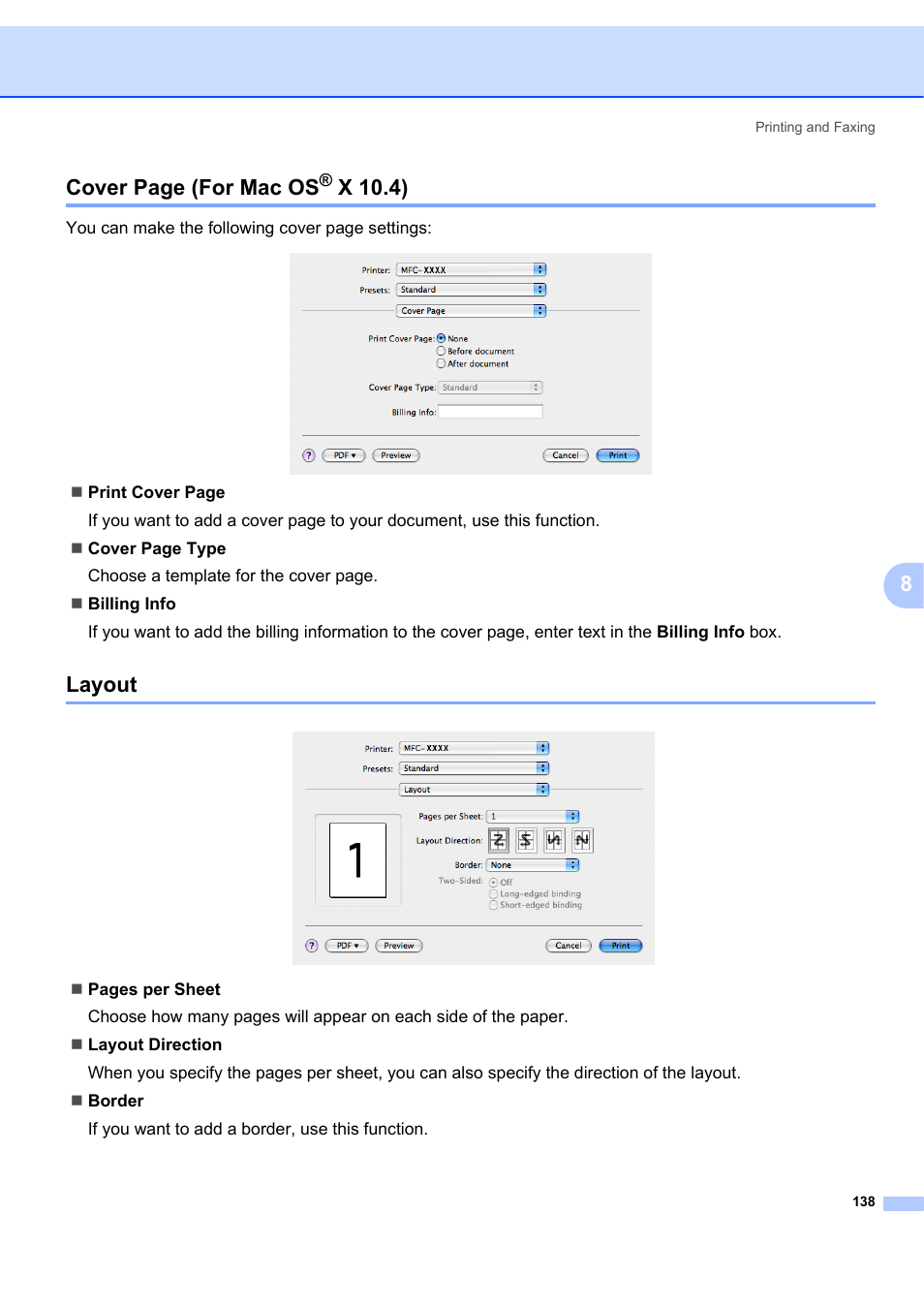 Layout, 8cover page (for mac os, X 10.4) | Brother MFC-7340 User Manual | Page 145 / 199