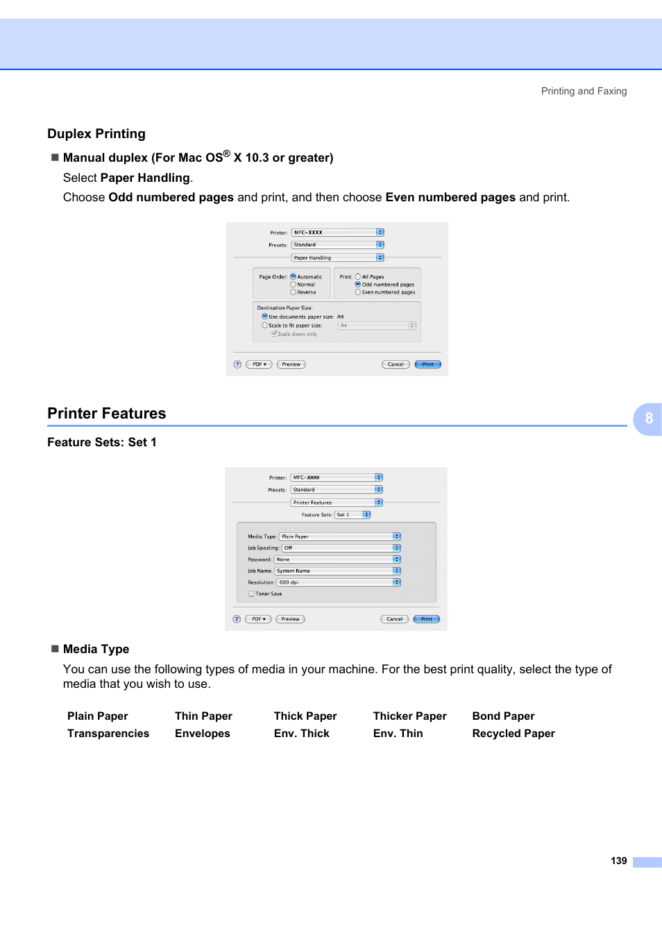 Duplex printing, Printer features | Brother MFC-7340 User Manual | Page 146 / 199