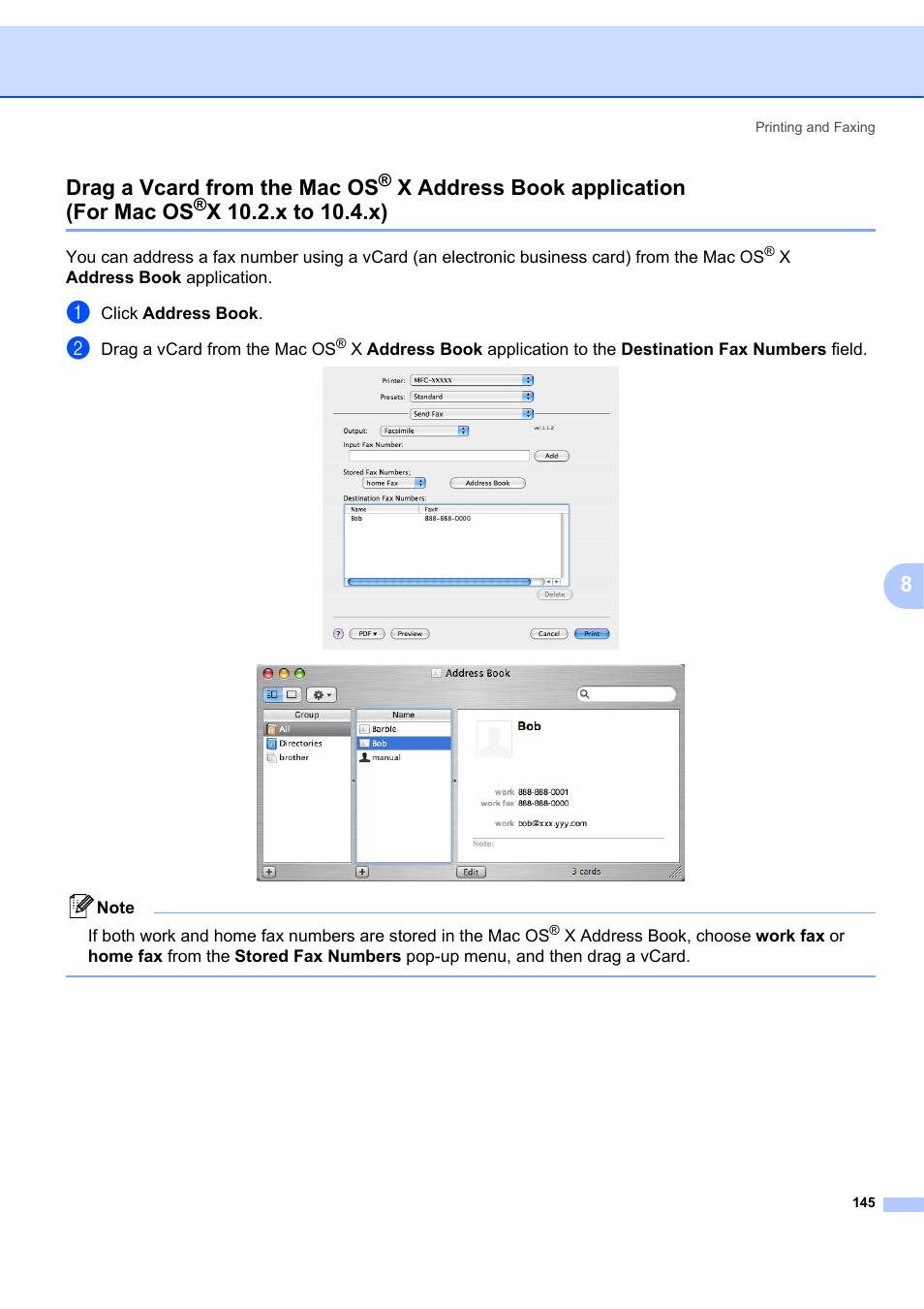 Drag a vcard from the mac os, X address book application, For mac os | X 10.2.x to 10.4.x), 8drag a vcard from the mac os, X address book application (for mac os | Brother MFC-7340 User Manual | Page 152 / 199