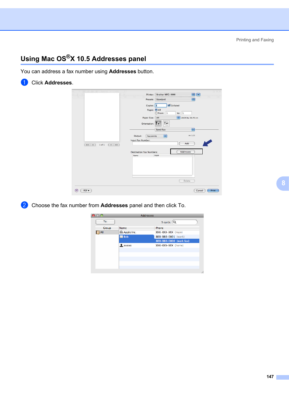 Using mac os®x 10.5 addresses panel, Using mac os, X 10.5 addresses panel | 8using mac os | Brother MFC-7340 User Manual | Page 154 / 199