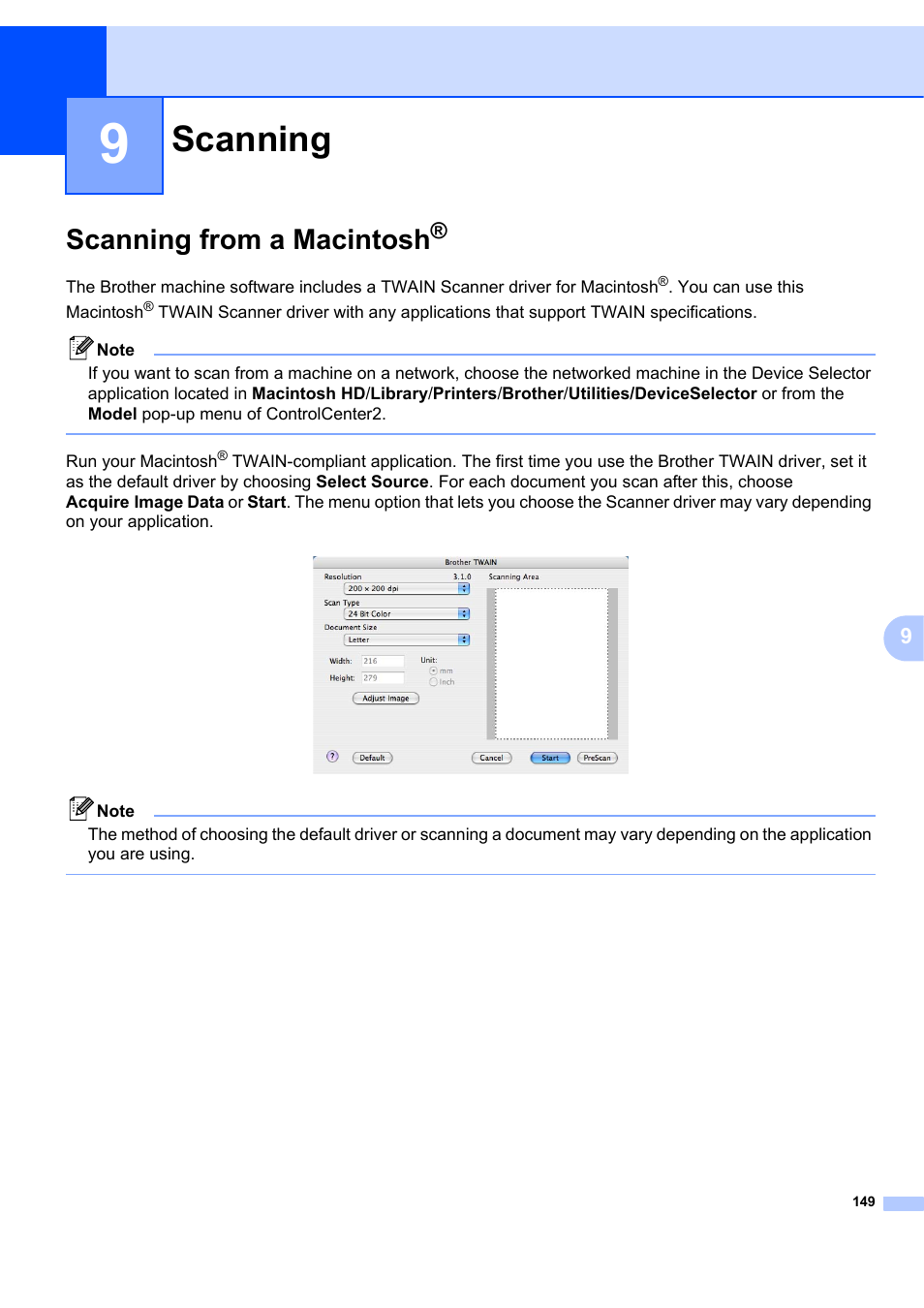 9 scanning, Scanning from a macintosh, Scanning | Brother MFC-7340 User Manual | Page 156 / 199