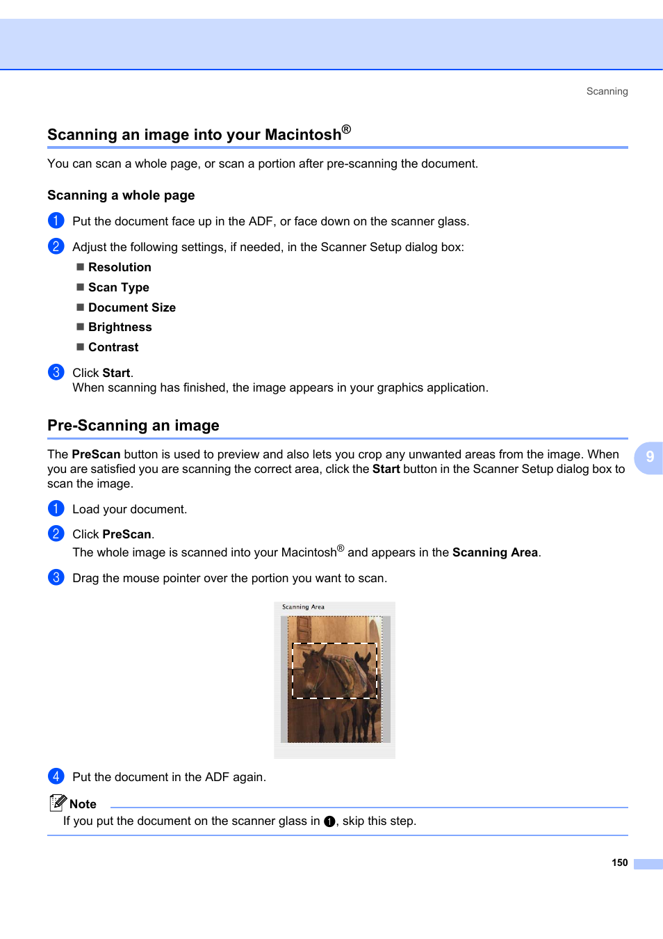 Scanning an image into your macintosh, Pre-scanning an image, 9scanning an image into your macintosh | Brother MFC-7340 User Manual | Page 157 / 199