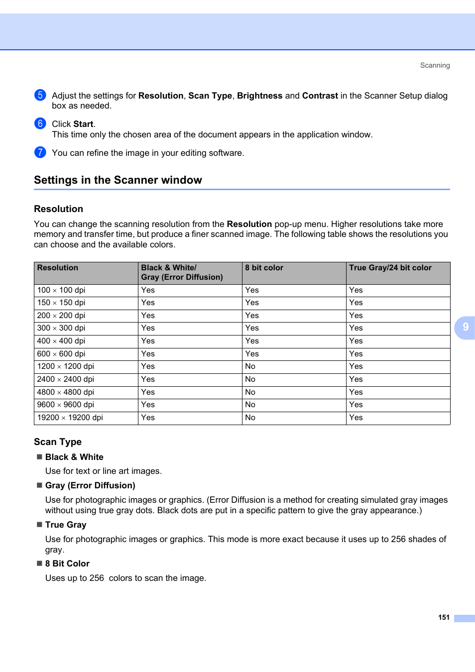 Settings in the scanner window, Resolution, Scan type | Brother MFC-7340 User Manual | Page 158 / 199