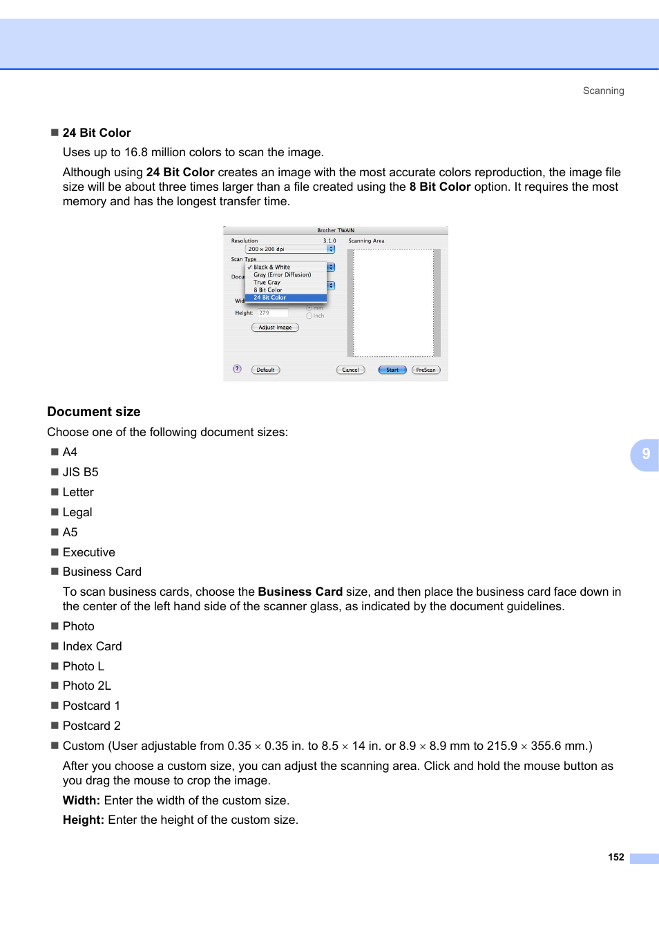 Document size | Brother MFC-7340 User Manual | Page 159 / 199