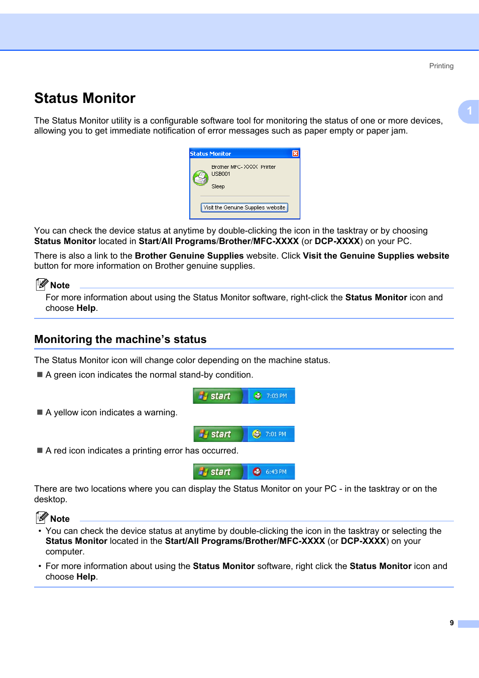 Status monitor, Monitoring the machine’s status | Brother MFC-7340 User Manual | Page 16 / 199