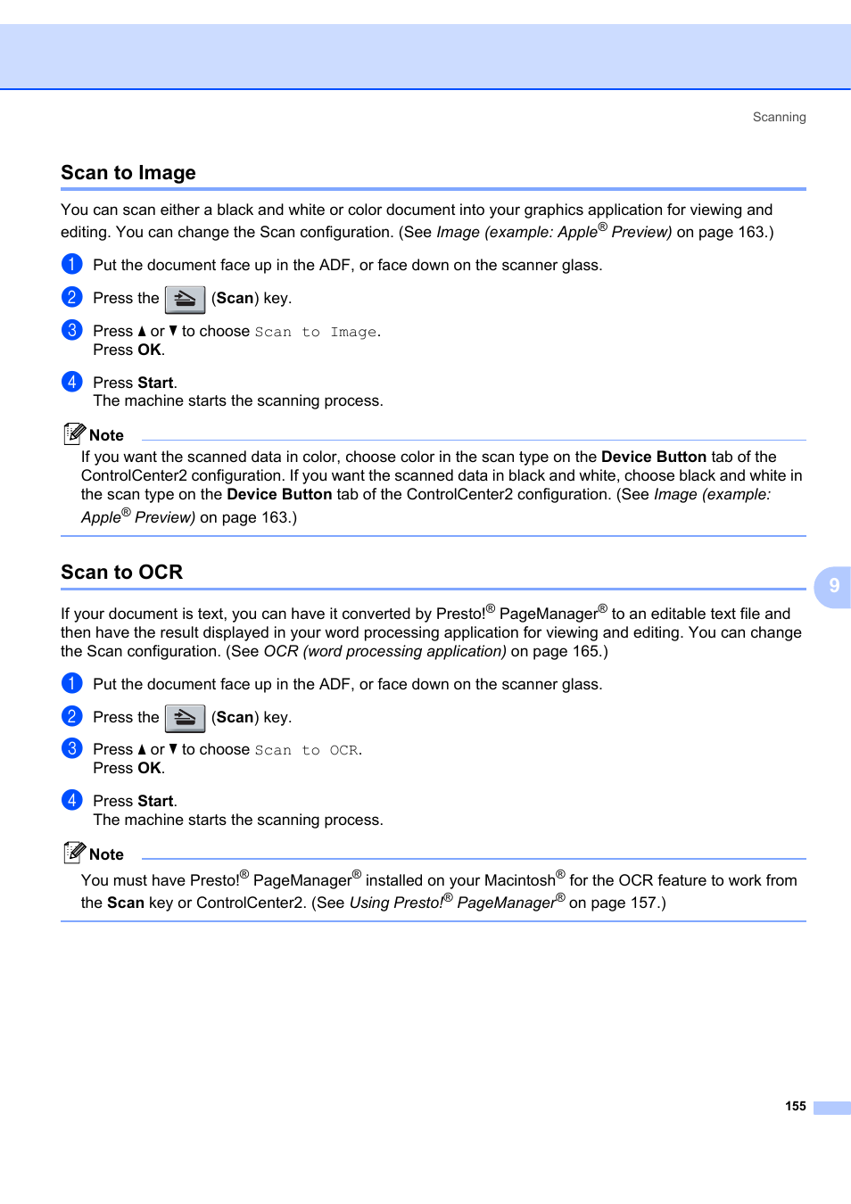 Scan to image, Scan to ocr, Scan to image scan to ocr | 9scan to image | Brother MFC-7340 User Manual | Page 162 / 199