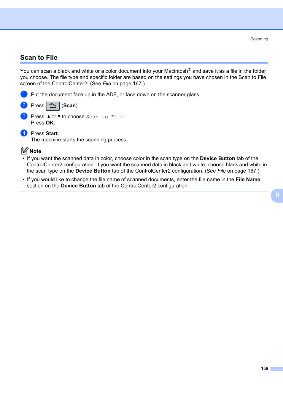 Scan to file, 9scan to file | Brother MFC-7340 User Manual | Page 163 / 199