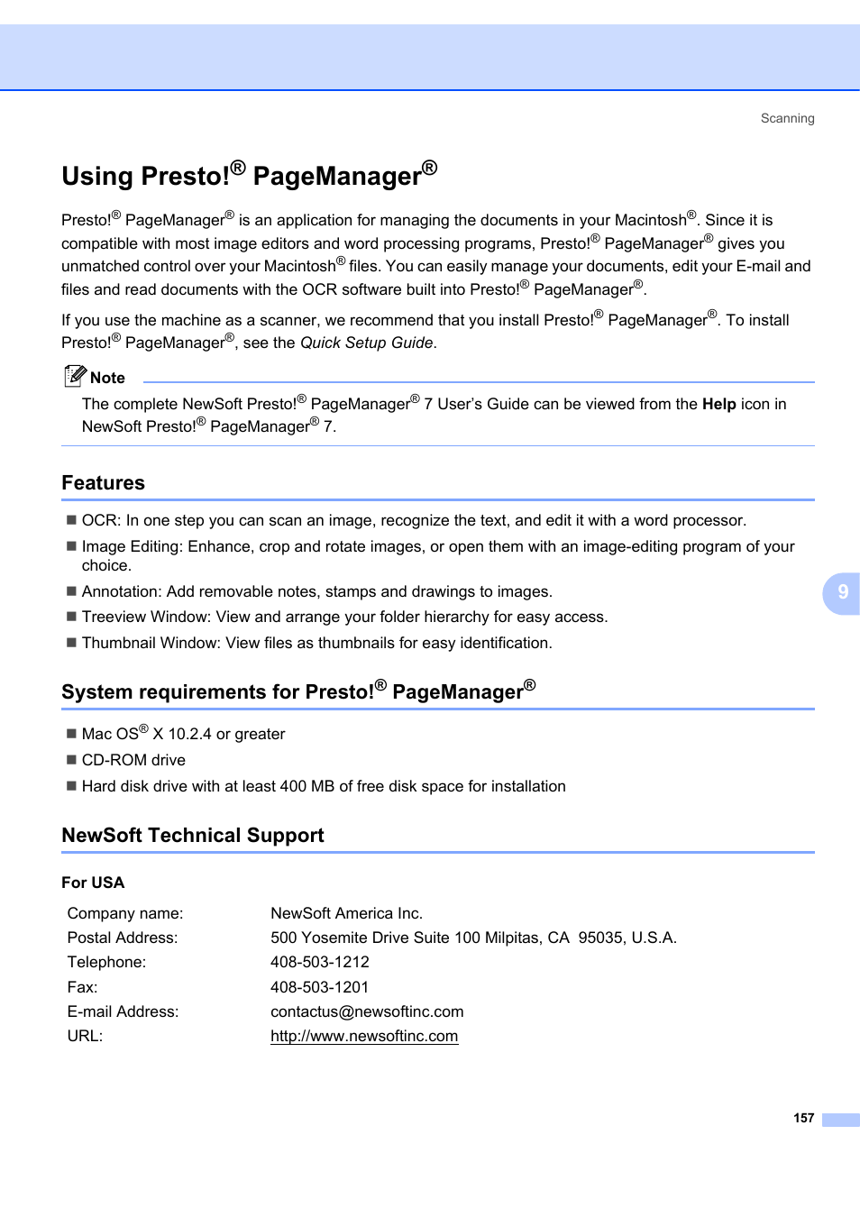 Features, Newsoft technical support, Using presto | Features system requirements for presto, See using presto, Pagemanager, System requirements for presto | Brother MFC-7340 User Manual | Page 164 / 199
