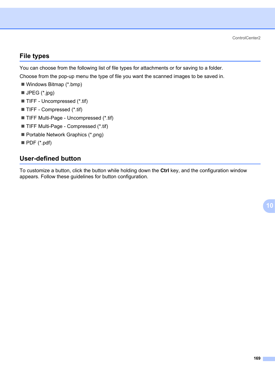 File types, User-defined button, File types user-defined button | 10 file types | Brother MFC-7340 User Manual | Page 176 / 199