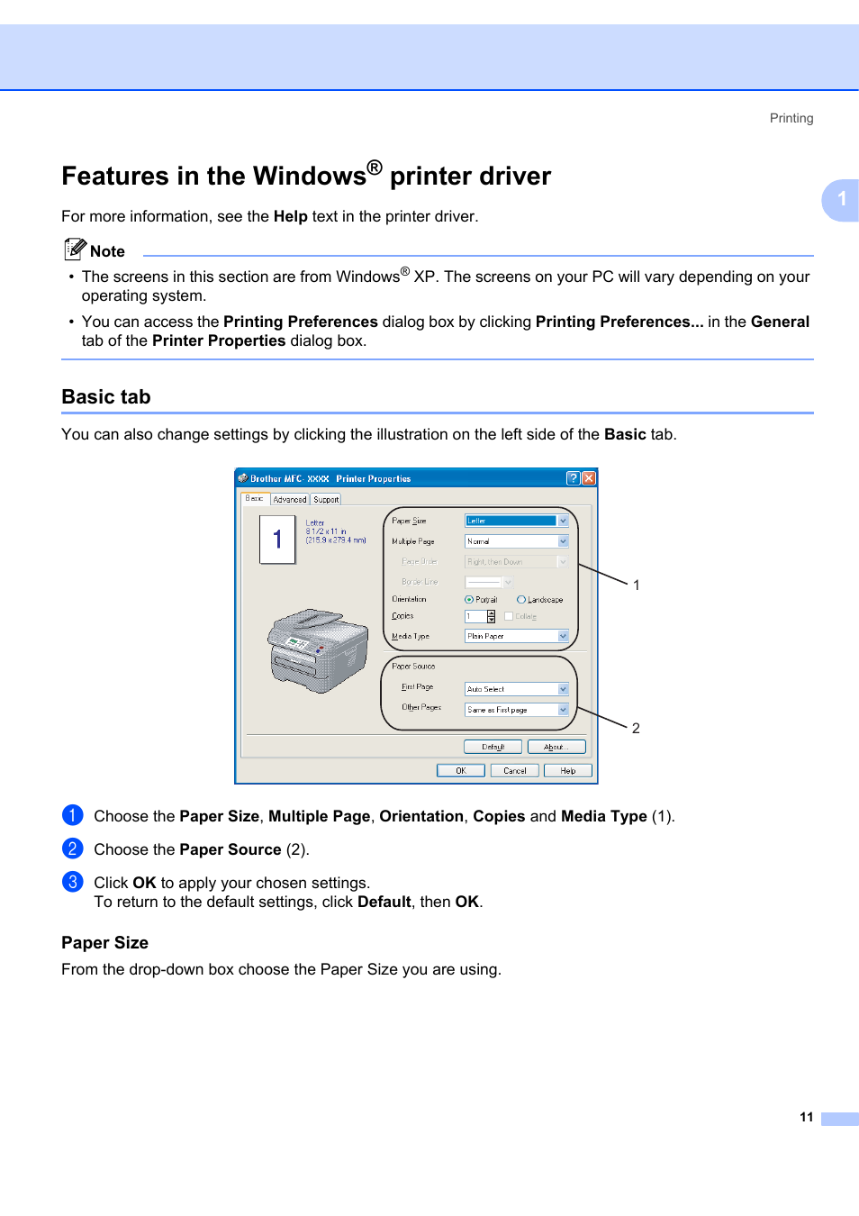 Features in the windows® printer driver, Basic tab, Paper size | Features in the windows, Printer driver | Brother MFC-7340 User Manual | Page 18 / 199