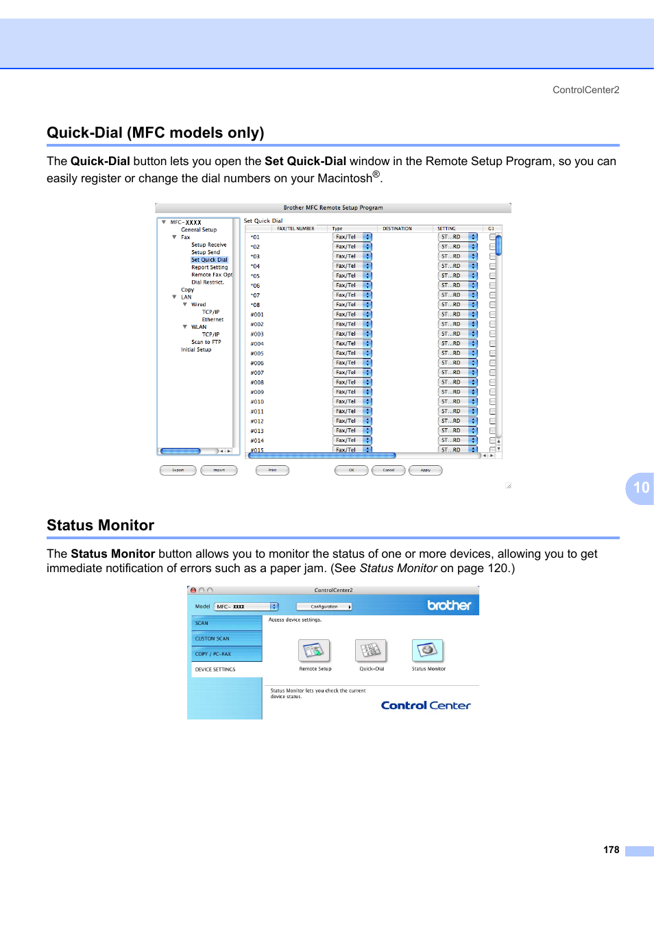 Quick-dial (mfc models only), Status monitor, Quick-dial (mfc models only) status monitor | 10 quick-dial (mfc models only) | Brother MFC-7340 User Manual | Page 185 / 199