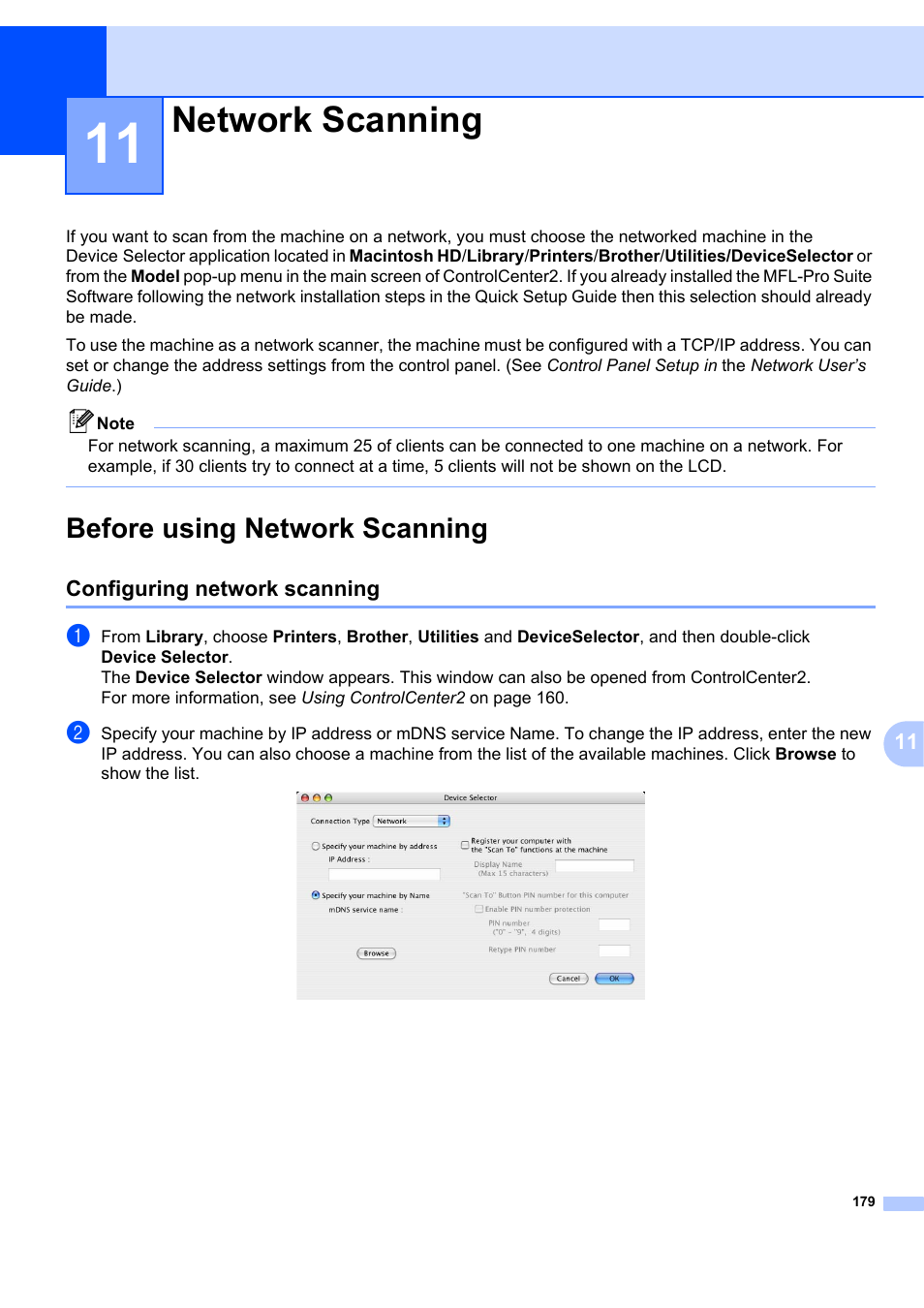11 network scanning, Before using network scanning, Configuring network scanning | Network scanning | Brother MFC-7340 User Manual | Page 186 / 199