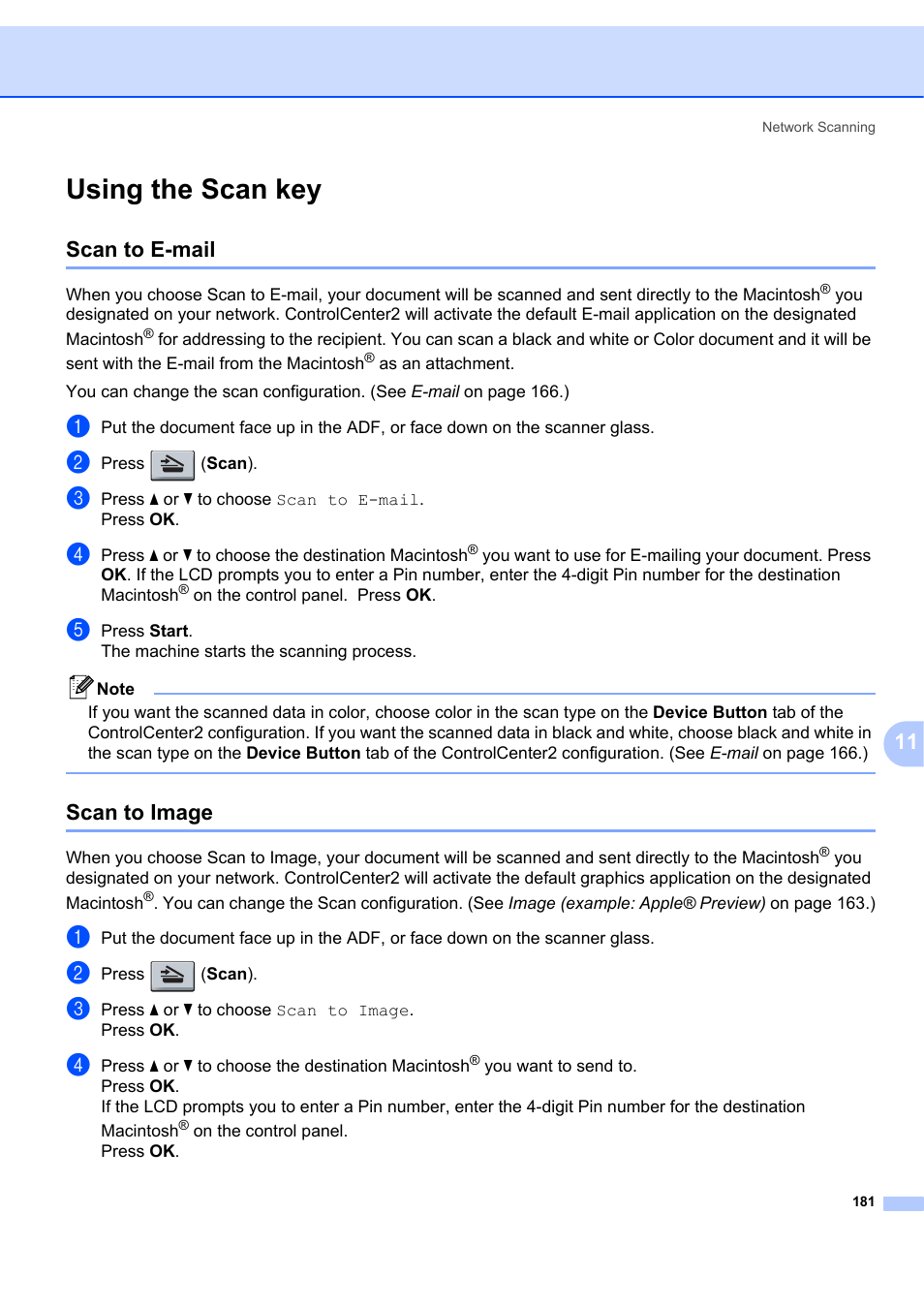 Using the scan key, Scan to e-mail, Scan to image | Scan to e-mail scan to image | Brother MFC-7340 User Manual | Page 188 / 199