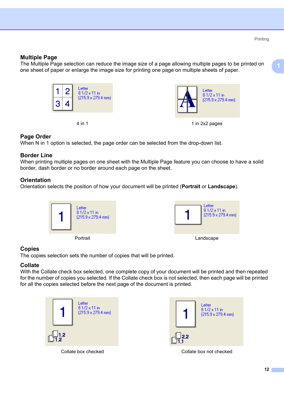 Border line, Orientation, Copies | Collate, Multiple page, Page order | Brother MFC-7340 User Manual | Page 19 / 199