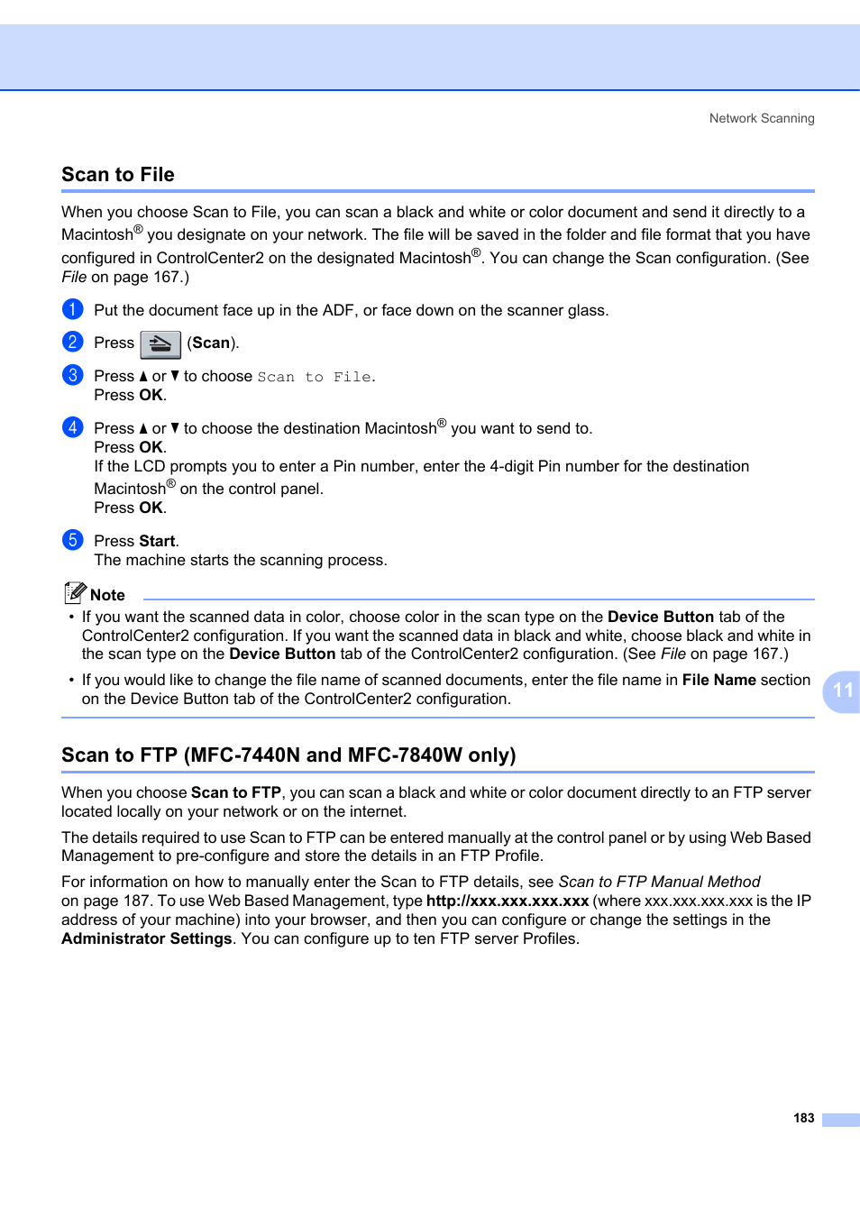 Scan to file, Scan to ftp (mfc-7440n and mfc-7840w only), 11 scan to file | Brother MFC-7340 User Manual | Page 190 / 199