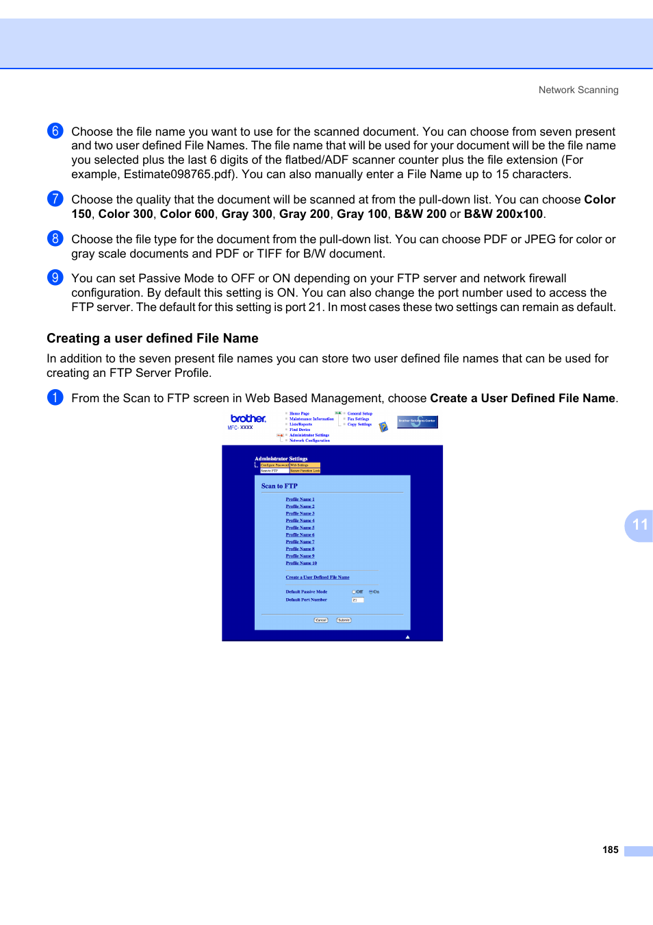 Creating a user defined file name | Brother MFC-7340 User Manual | Page 192 / 199