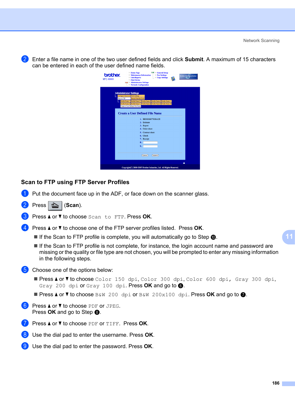 Scan to ftp using ftp server profiles | Brother MFC-7340 User Manual | Page 193 / 199