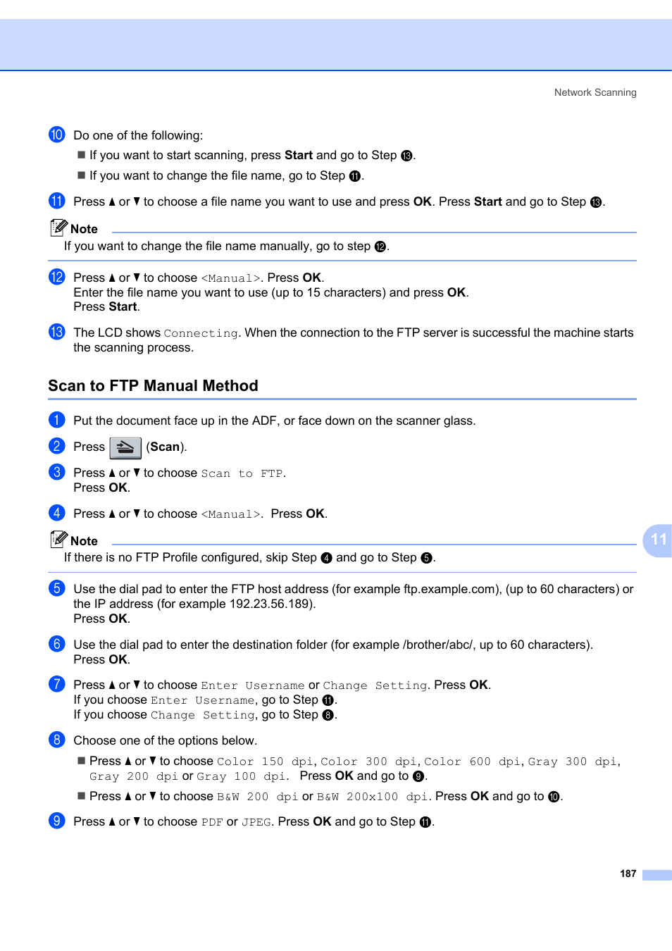 Scan to ftp manual method, Step j | Brother MFC-7340 User Manual | Page 194 / 199