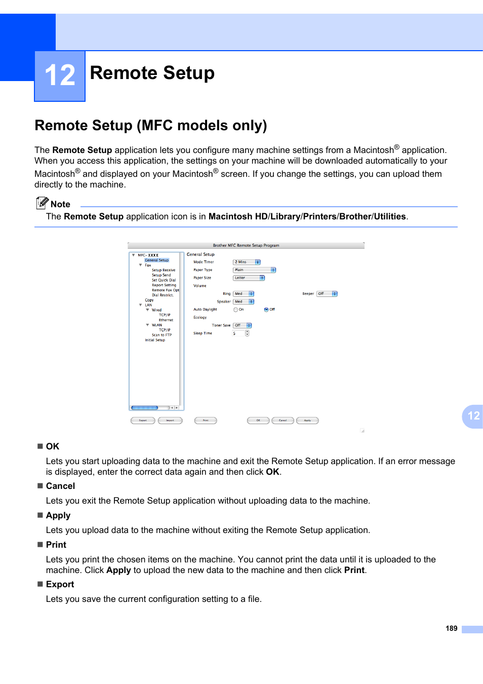 12 remote setup, Remote setup (mfc models only), Remote setup | Brother MFC-7340 User Manual | Page 196 / 199
